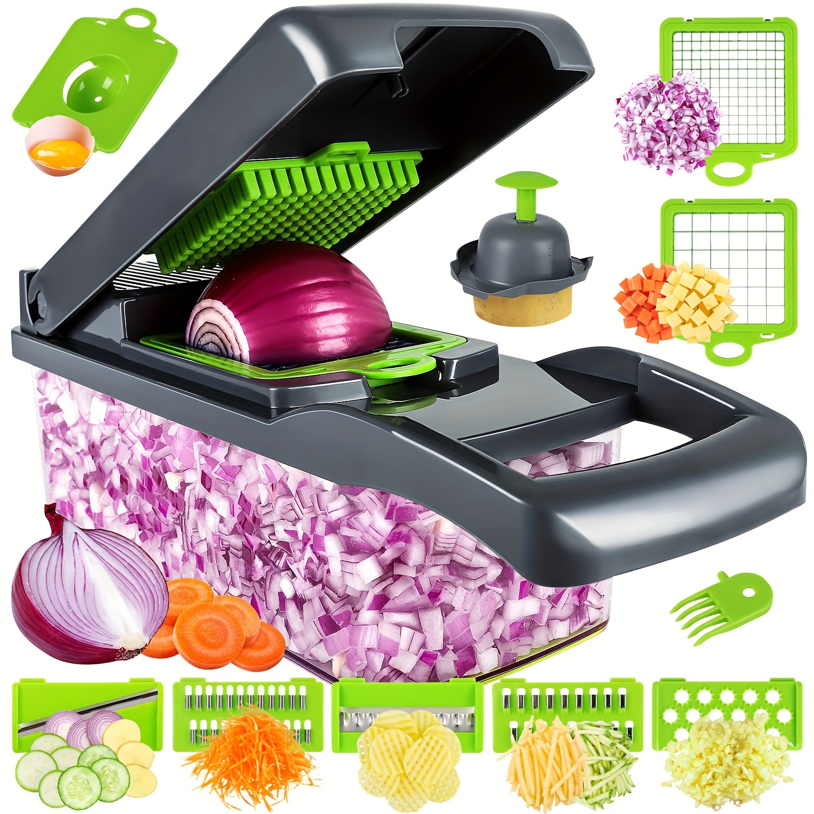 

Vegetable Chopper, Pro Onion Chopper, 14 In 1multifunctional Food Chopper, Kitchen Vegetable Slicer Dicer Cutter, Veggie Chopper With 8 Blades, Carrot Chopper With Container (grey)