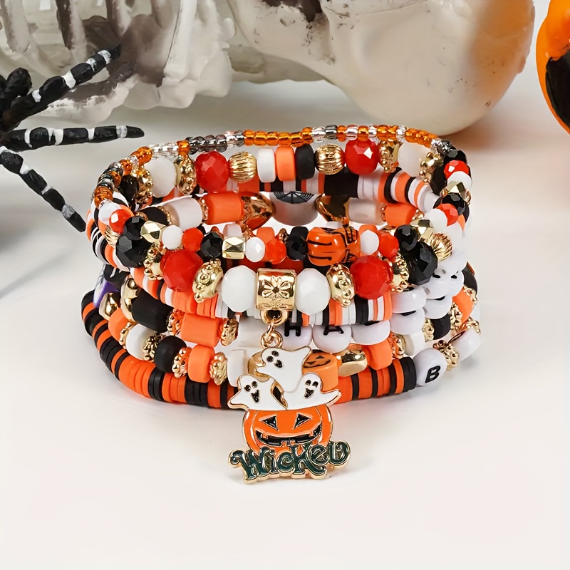 set di 6 braccialetti in argilla stile con zucca, e , accessori per halloween - gioielli e accessori