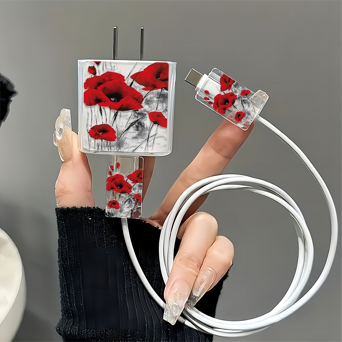 

3-piece Set Red Poppy Pattern Charger Protector For Iphone 18w/20w, Transparent Charging Cable Cover, Tpu Material, Compatible With Iphone 13/14/15, Protective Charging Accessory Gift Set