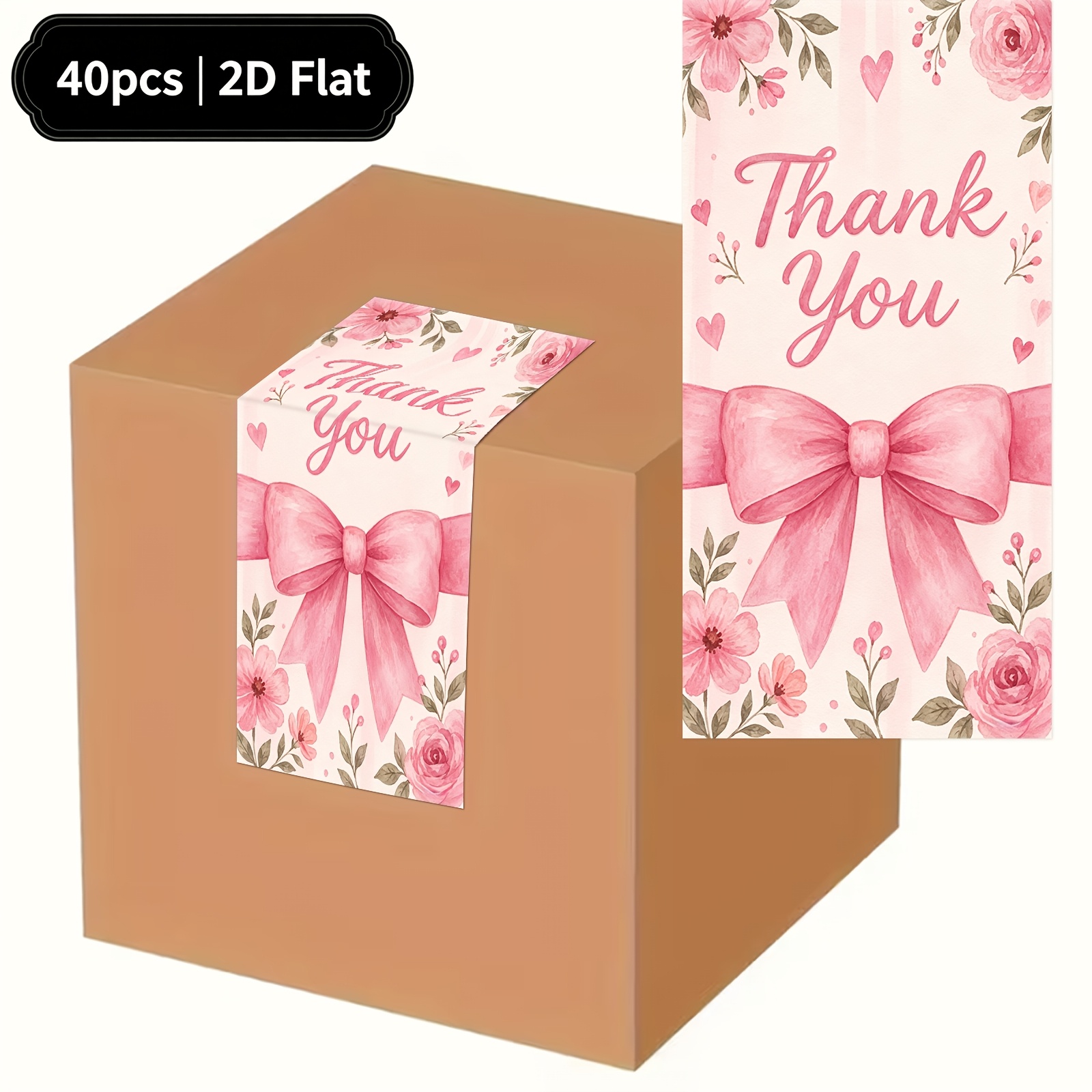 TEMU 2d Flat 40pcs Rectangular Stickers Pink Floral Bow Thank You For Party Supplies Gift Packaging Gift Box Sealing Decorative Labels Gift For