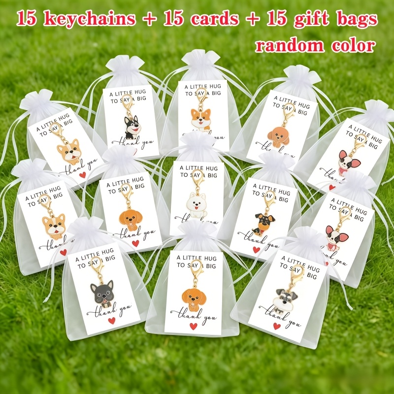 TEMU Set da 45 pezzi/15 set di portachiavi serie cani da compagnia in a tema cartone animato, con biglietto di ringraziamento e sacchetti regalo | 15