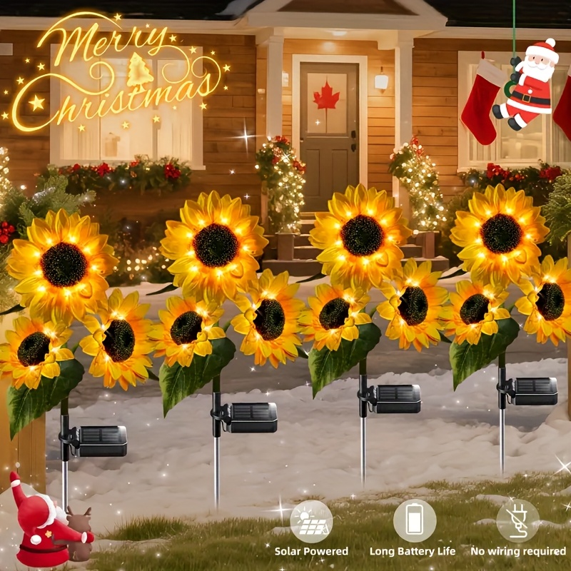 TEMU Set Of 4 Solar-powered Sunflower Lights With Warm White Leds, Rechargeable And Made Of Durable Plastic, Outdoor Gardens And Holiday Decorations,