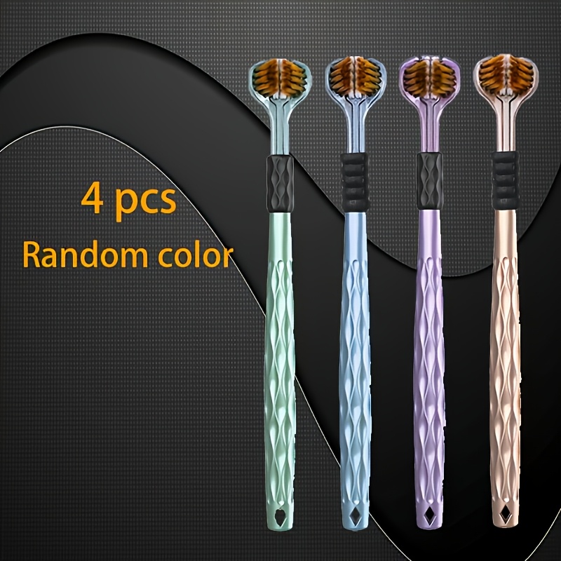 Set de cepillos de dientes manuales ergonómicos de 4 piezas, equipado con cabezales de cepillo de 3 lados, cerdas volcánicas doradas y agarre suave - Adecuado para adultos. El color del mango del cepillo es aleatorio.