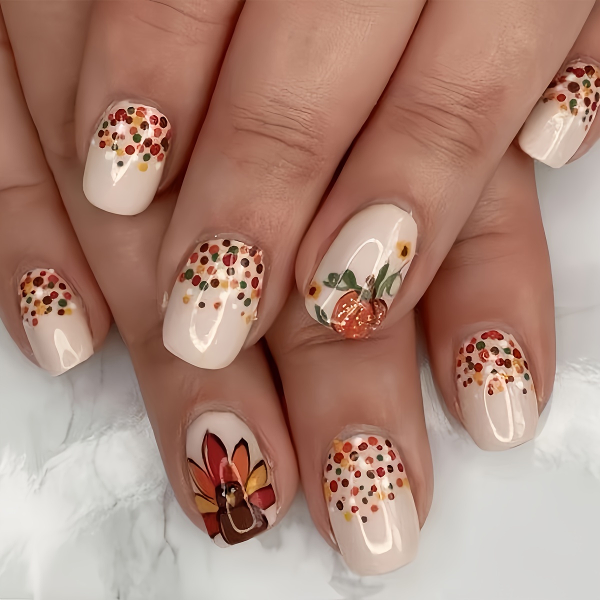 

A Box Of 24pcs Of Short Oval-shaped Fashionable Small Dot Blooming Pumpkin Nude White Fake Nails That , Suitable For All Girls And Ladies To Wear, With 1 Gel Nail File