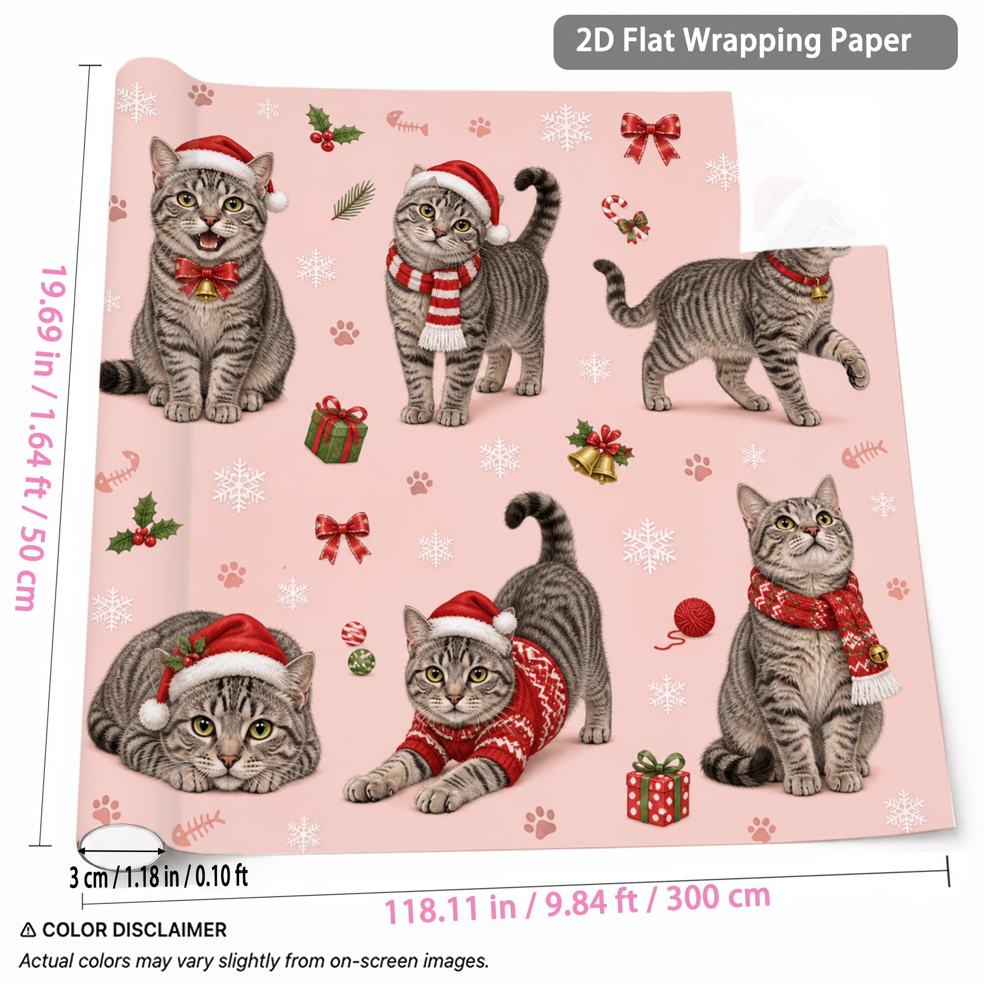 TEMU 1 Rouleau de de Noël Chat, Convient pour Fête d'Année, Nouvel An, Anniversaire - Emballage de Boîte Cadeau Thème Chat et de Neige Rose avec