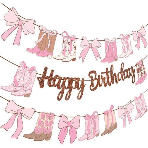 3pcs set of birthday banners featuring cowgirl boots and bows western themed decorations glittery brown accents ideal for baby shower celebrations