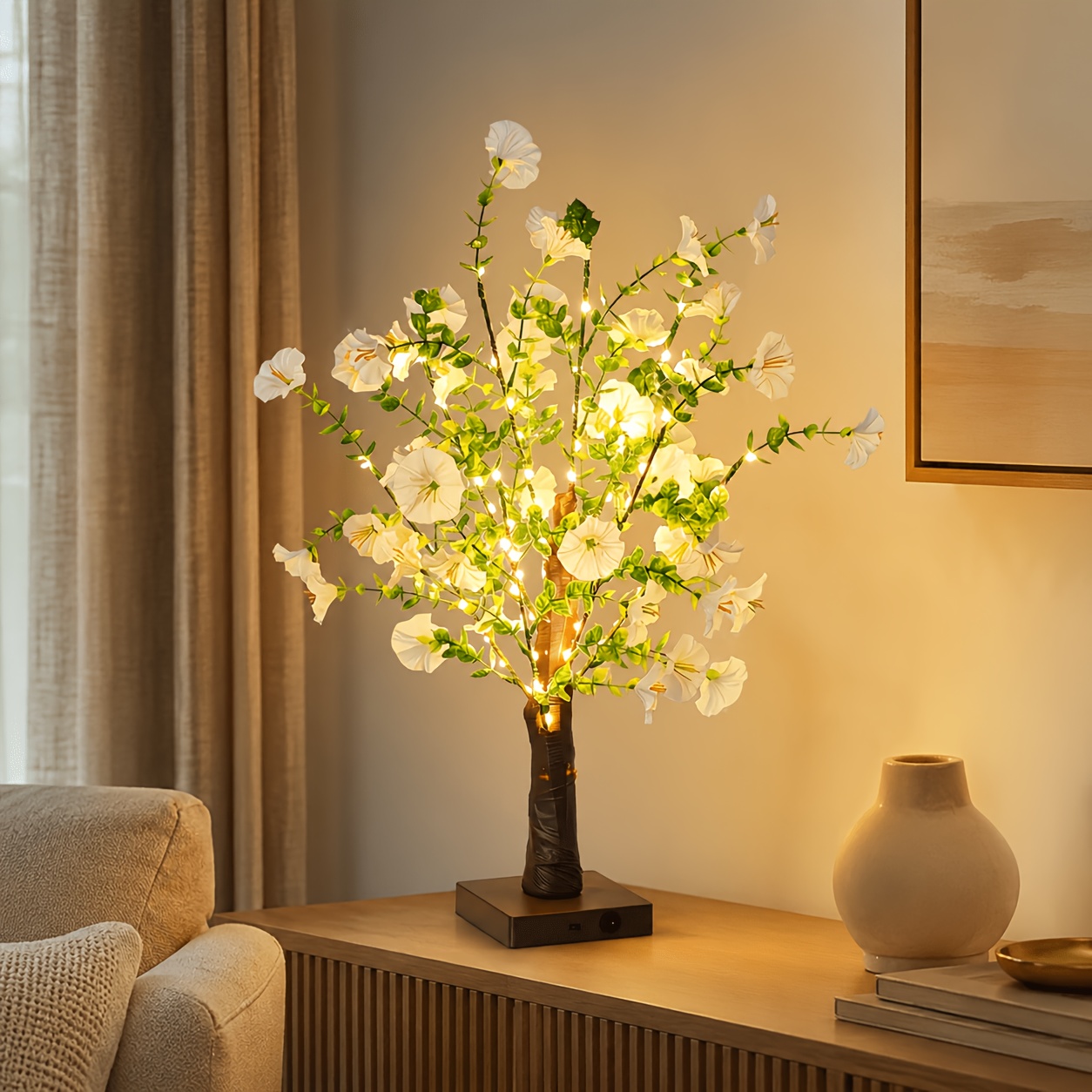 TEMU 1pc Led Table Lamp, 22in White Artificial Flower Tree Lamp With 42 Warm Led Lights, Decorative Bedside Night Light For Bedroom, Living Room,