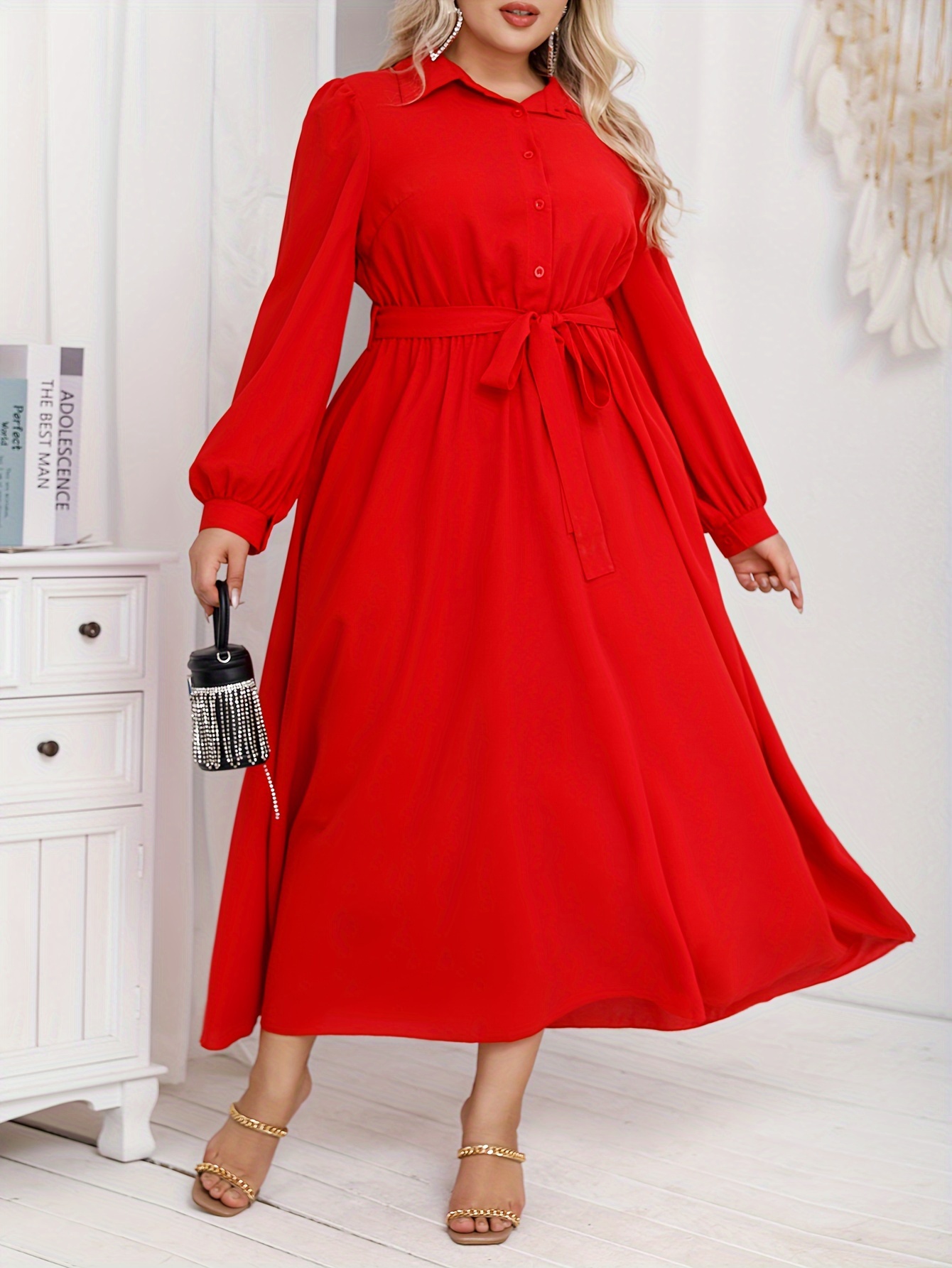 occasion ready| plus size elegant red dress with lace detailing - stretchy  polyester, round neck, long sleeves, knee-length for women - machine  washable, plus size dresses - women' clothing - Temu
