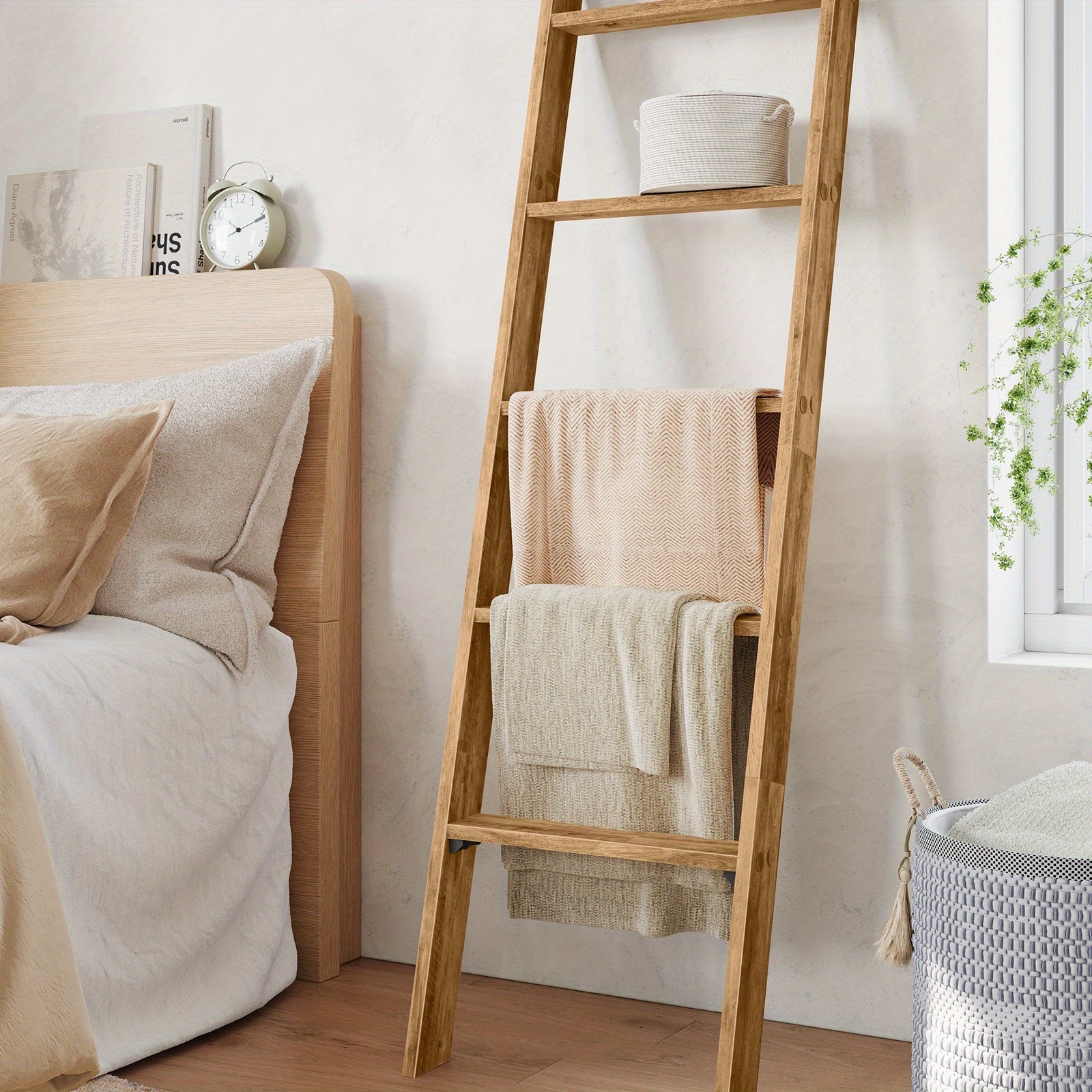 TEMU Étagère Échelle Décorative Style Ferme pour Salon, Étagère à 5 Niveaux, Étagère Échelle pour Rangement et Décoration, Marron Miel