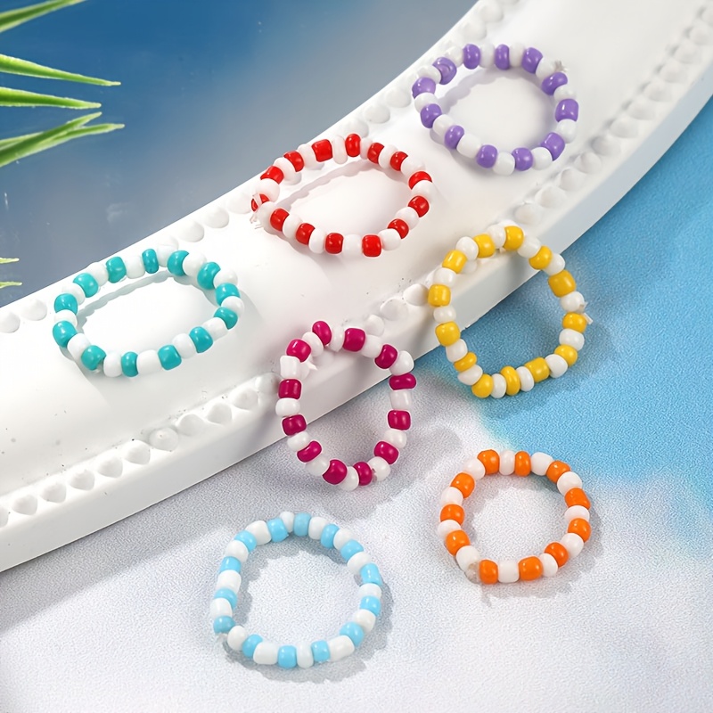 7pcs Cute Woven Candy-Colored Seed Bead Ring Set for Women
