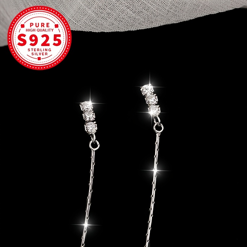 Women's S925 Sterling Silver Shiny Three-Circle Zirconia Long Tassel Earrings