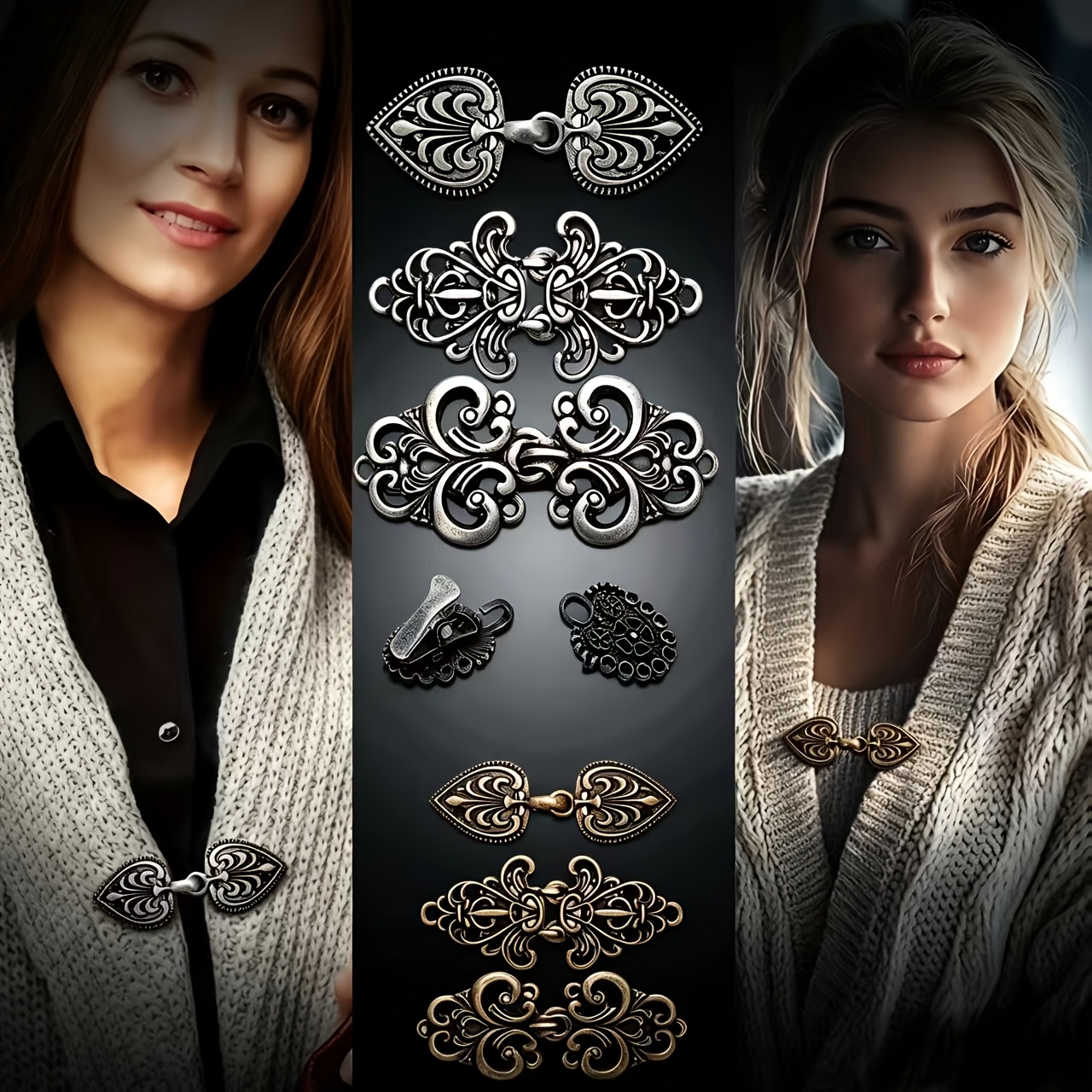 Image of 6pcs Set Of Women's Vintage Sweater Swirl Clips, Cape Clips, Retro Cardigan Clips, Shawl Collar Clips, Dress Shirt Clips