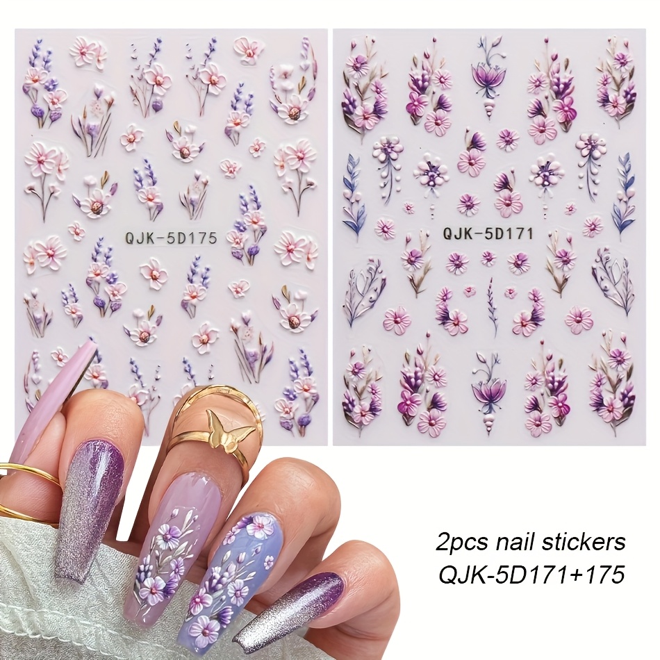 Image of 2 Sheets Of 5d Spring Flower Nail Stickers - Featuring Pink And Purple Floral And Leaf Designs, Self-adhesive Embossed Flowers, Perfect For Elegant