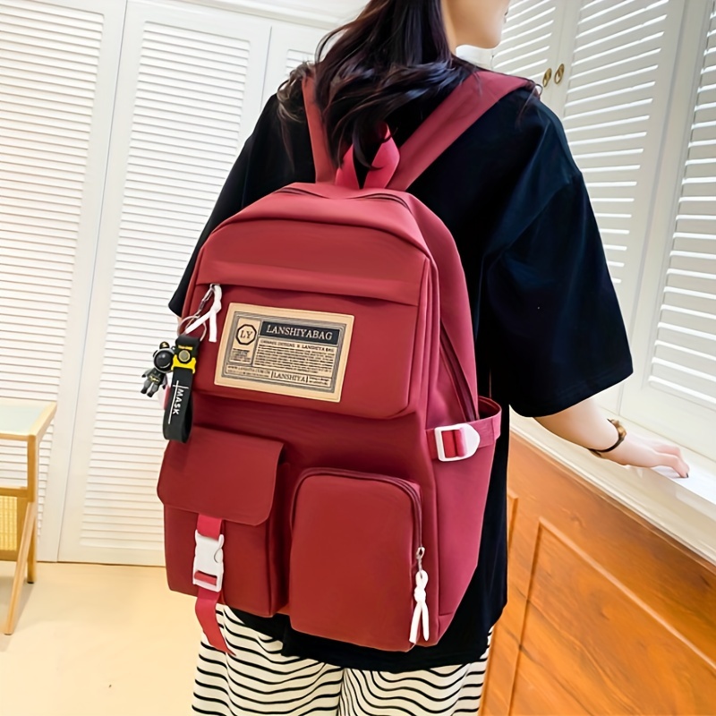 5pcs Solid Color Backpack Set, Large Capacity Double-ShoulderBag, Simple Tote, Pencil Bag, Casual Crossbody, Lightweight Student Shoulder Bag.