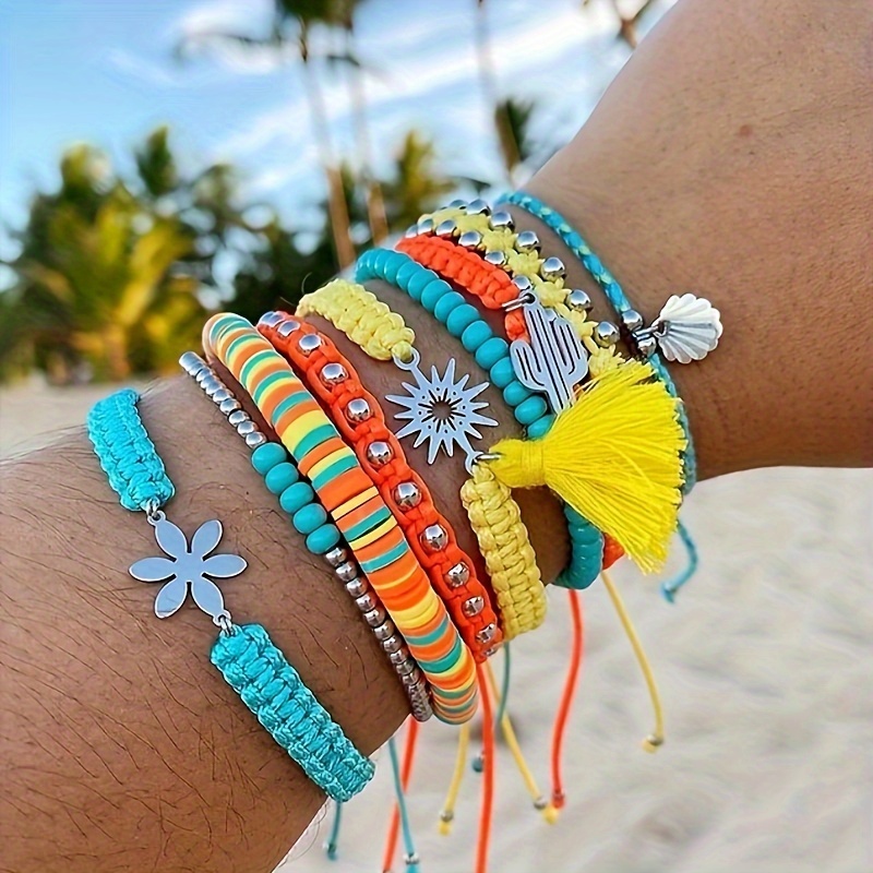 

Boho-chic 9pcs Adjustable Braided Bracelet Set For Women - Beach Vacations & Casual Attire