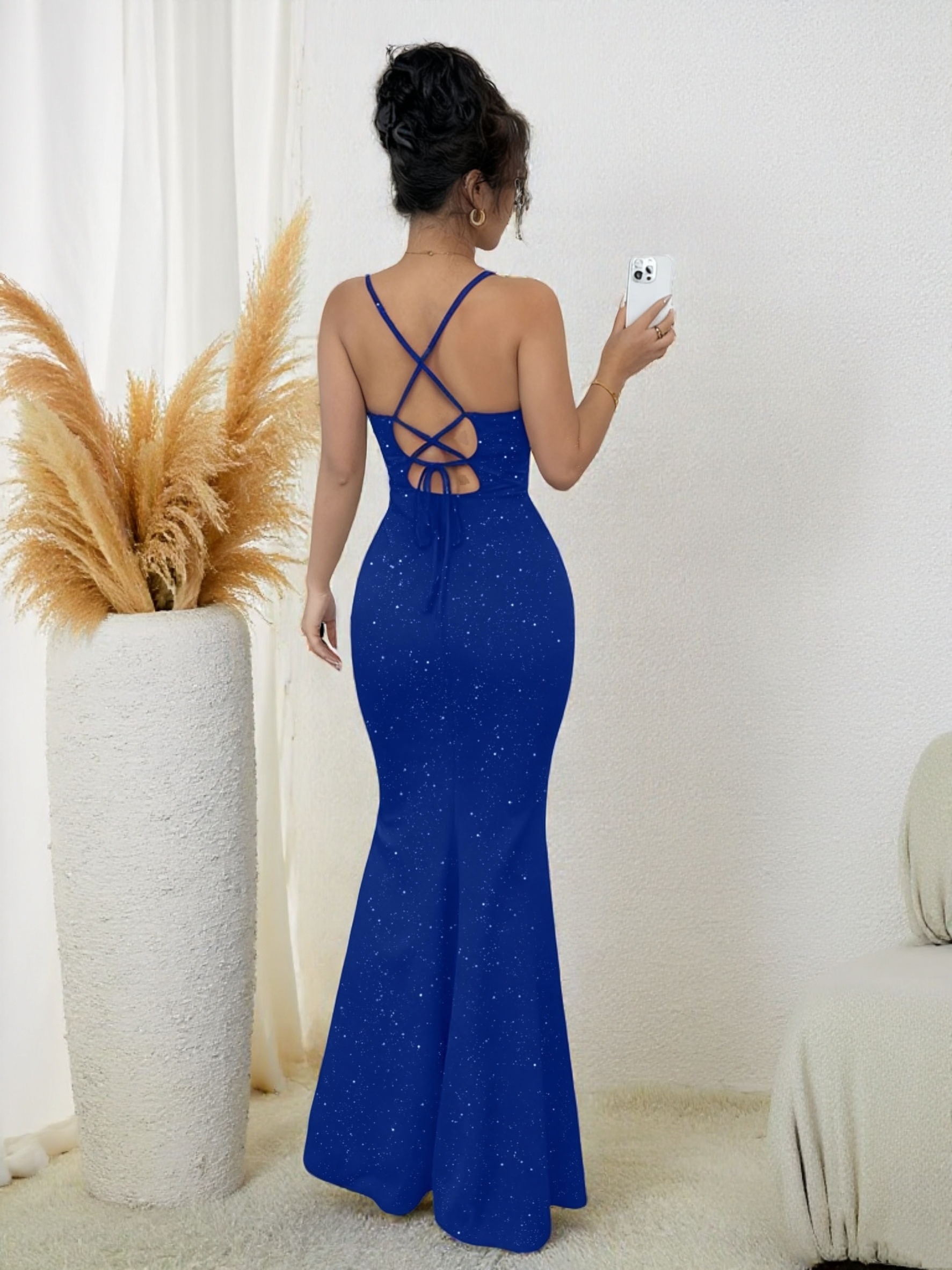 a form fitting blue sequin dress spaghetti straps - Temu Bahrain