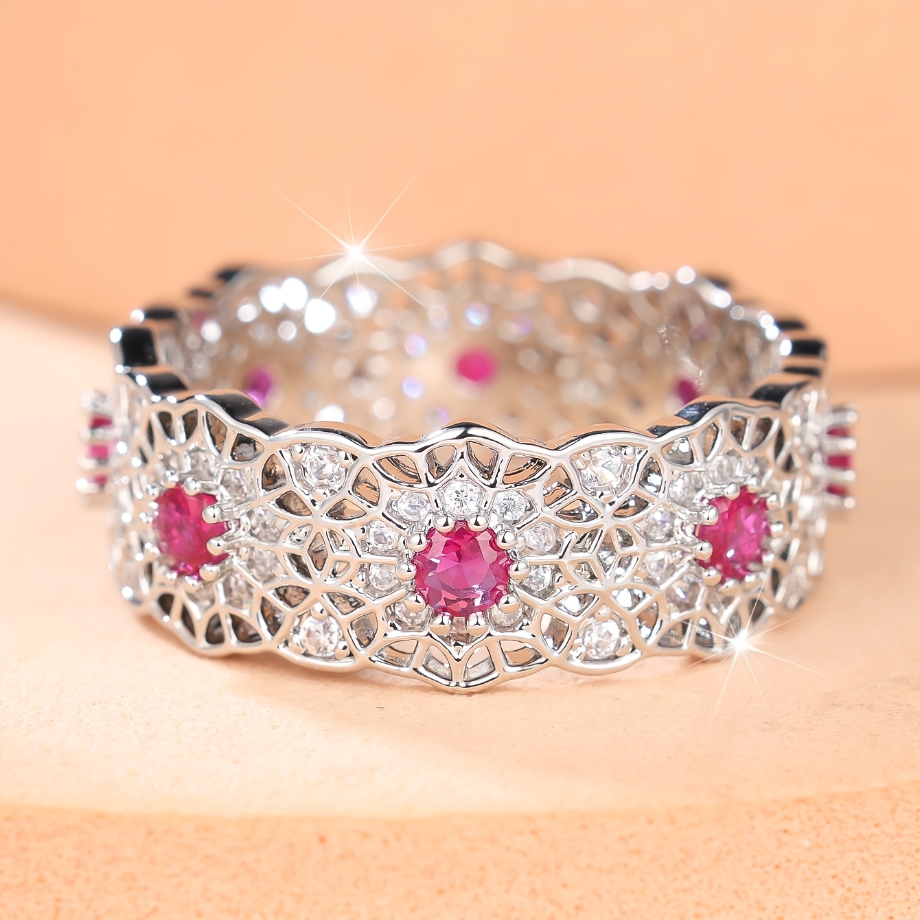 Women's Rose-Red Synthetic Zirconia Elegant Ring with Wide Band