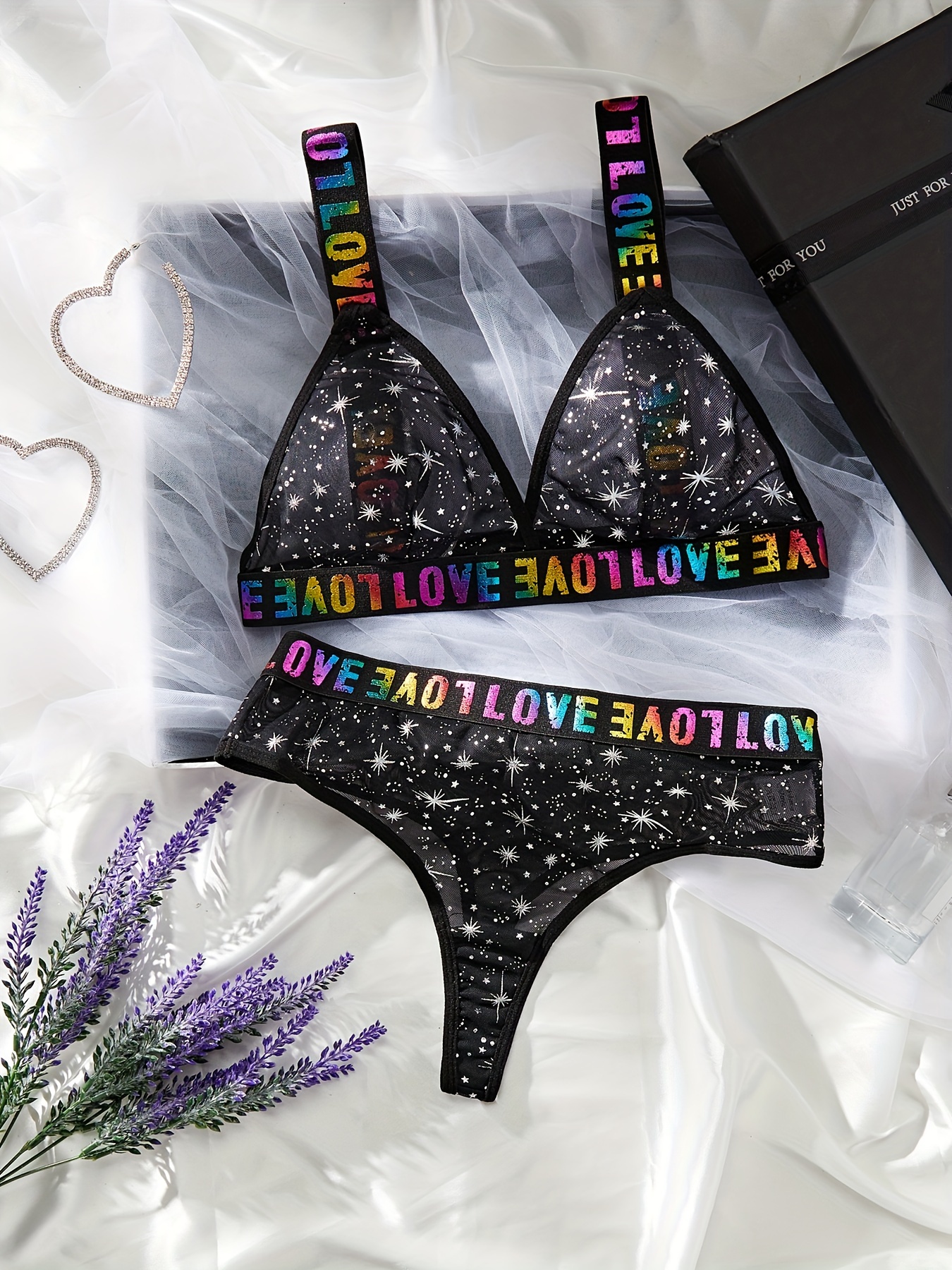 Glitter Star Print Triangle Bra and Panty Lingerie Set