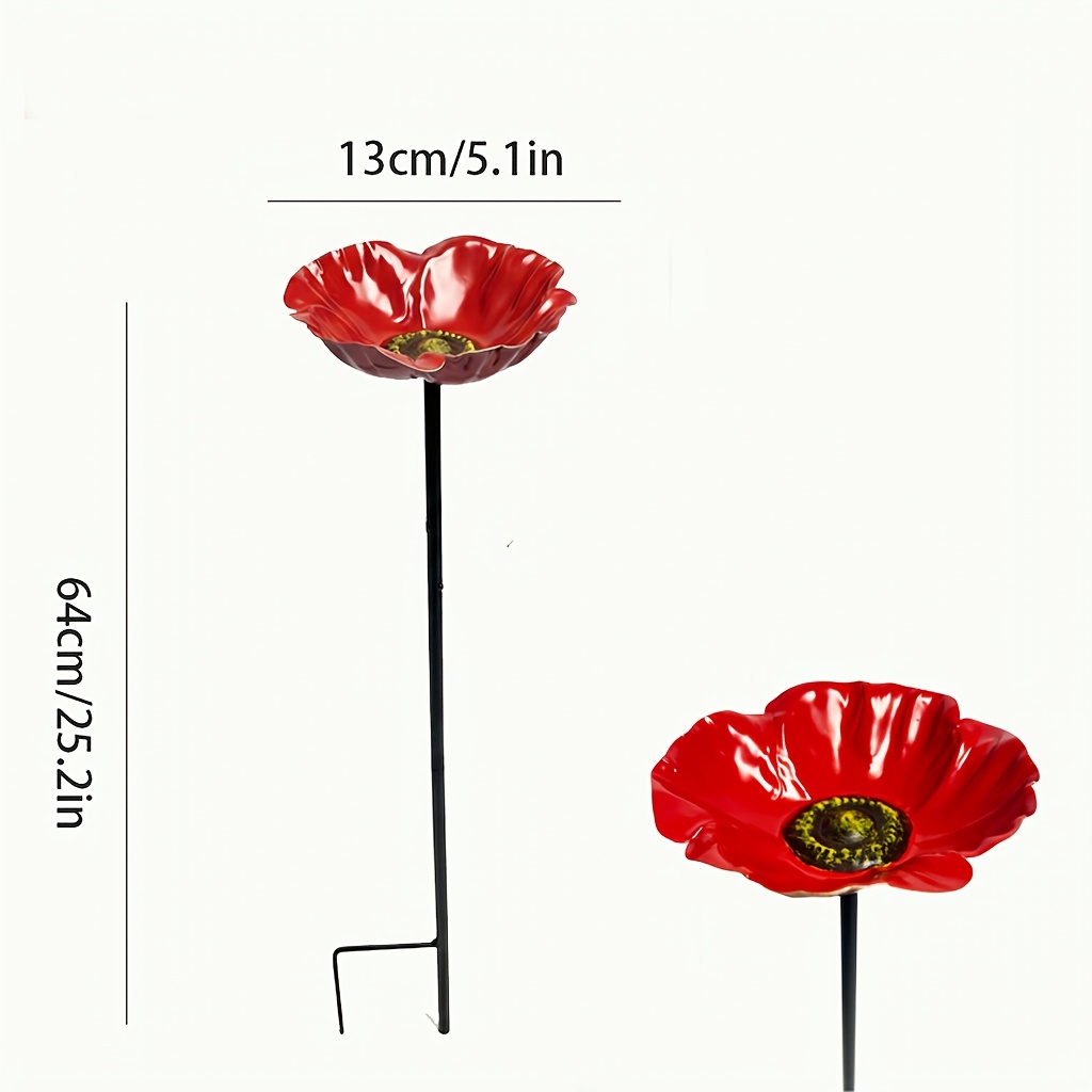 TEMU 1pc Flower Bird Feeder, Metal Garden Stake Bird Bath Bowl, Outdoor Yard Decor, Wild Bird Feeding Station, Weather Resistant, Red Flower Ornament