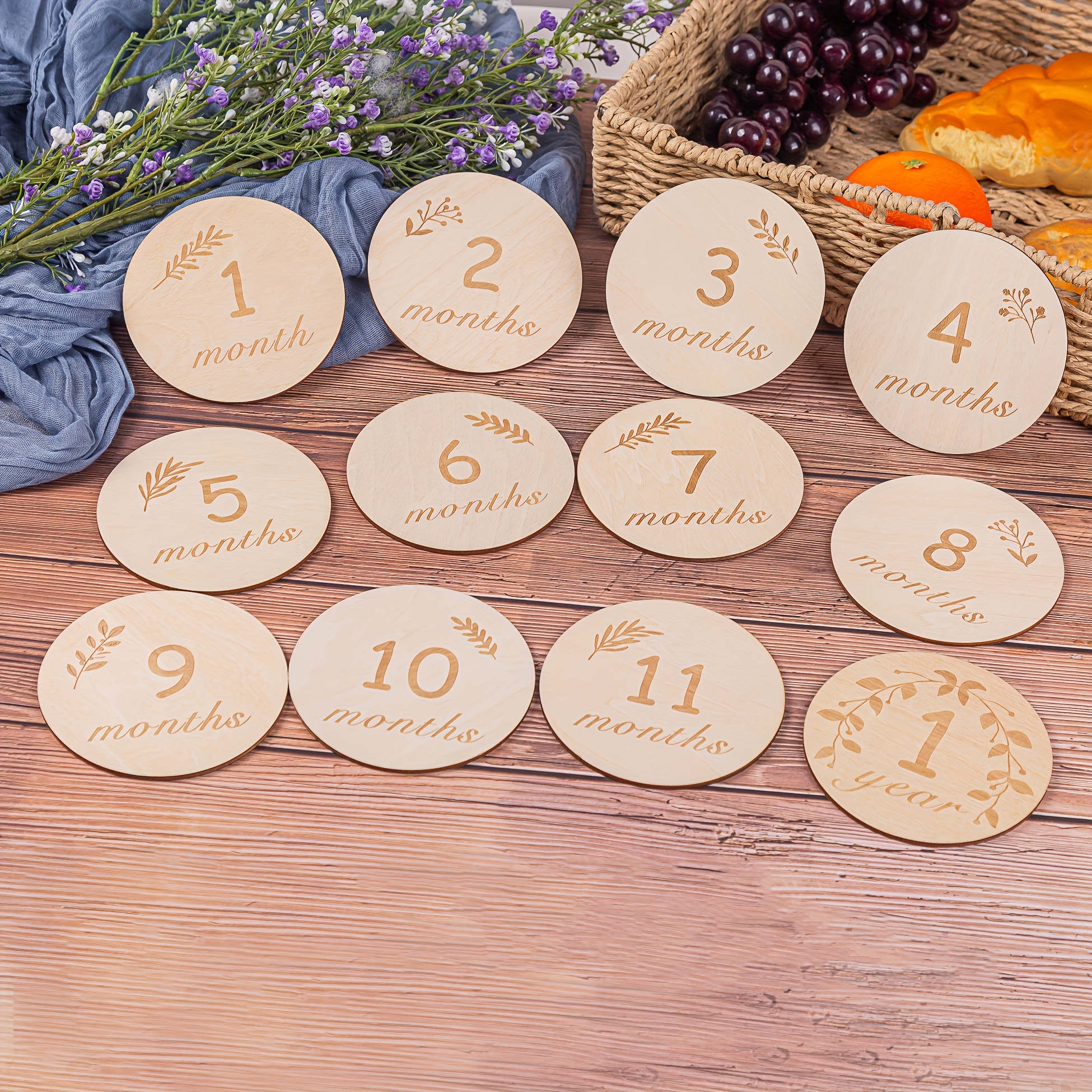 Image of 12pcs, 10cm/3.93in Wooden Month Plate , Tree Leaf Children's Mileage Plate, Wood, Children, Commemorative, Monthly Mileage For Halloween And Christmas