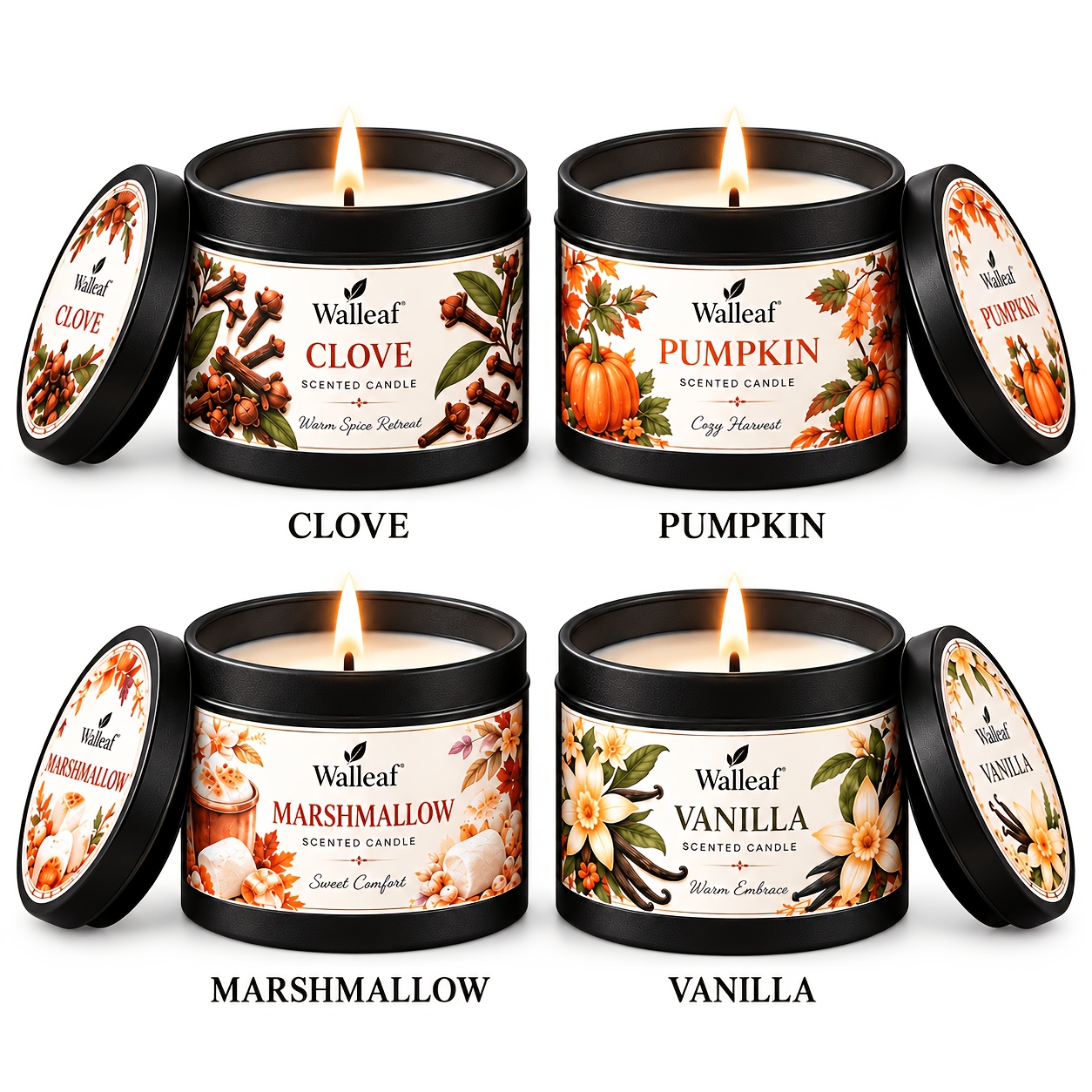 TEMU Walleaf Autumn Scented Candle 4pcs Set Pumpkin Candy Vanilla Multi- Ambiance Candles Living Room Bedroom Autumn Decor Portable Candles Best Gift
