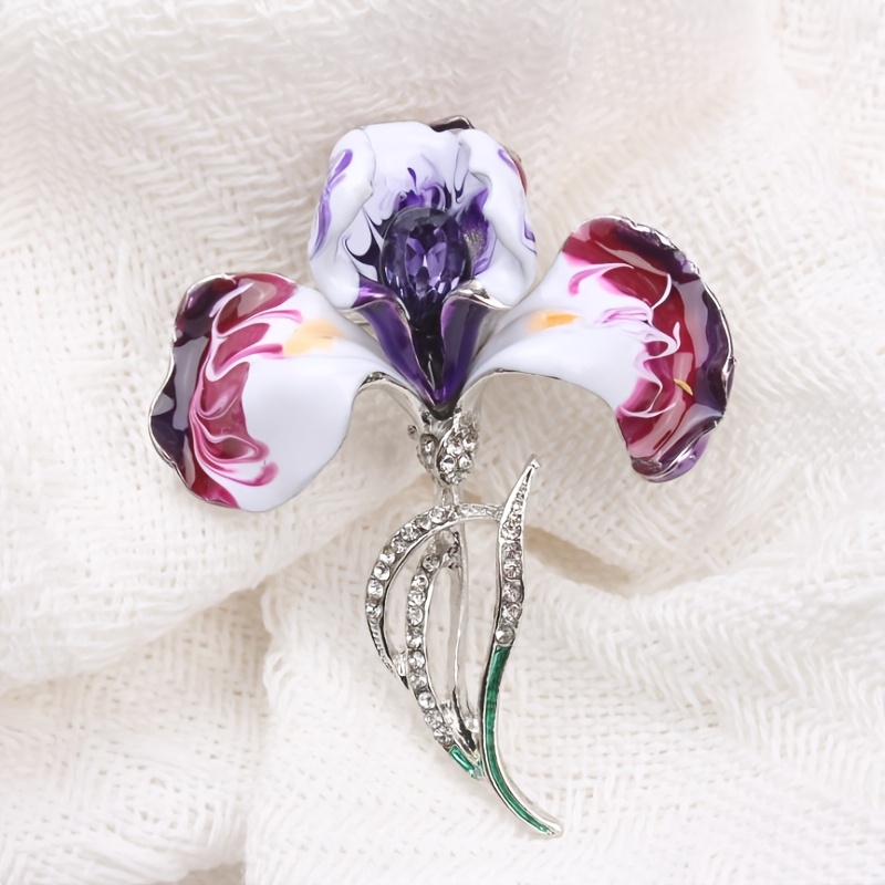Image of Elegant Iris Flower Enamel Brooch With Rhinestone Accents - Purple & White Gradient Vintage Women' Fashion Jewelry | Perfect Accessory For Dresses, Coats & Special Occasions