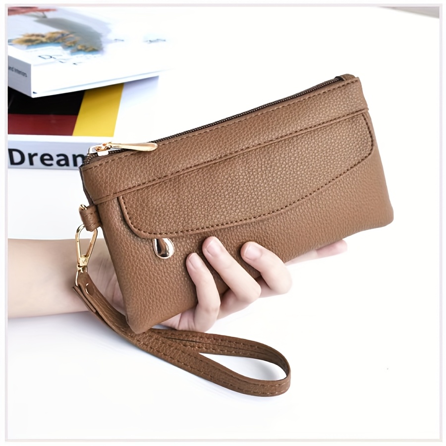 

1pc Fashion Leather Clutch With , Large Capacity Mobile Phone Wallet, Lightweight Coin Purse Card Holder, Zipper Closure, Polyester Lined, Fixed Shoulder Straps - Trendy Handbag For Shopping