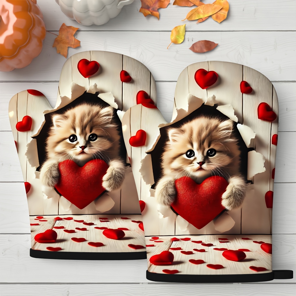 TEMU 2pcs Cute Oven Mitts Heat - Cat With Red Hearts Watercolor Illustration Heat Resistant 27x17 Cm Polyester Kitchen Additions For Baking, Cooking,
