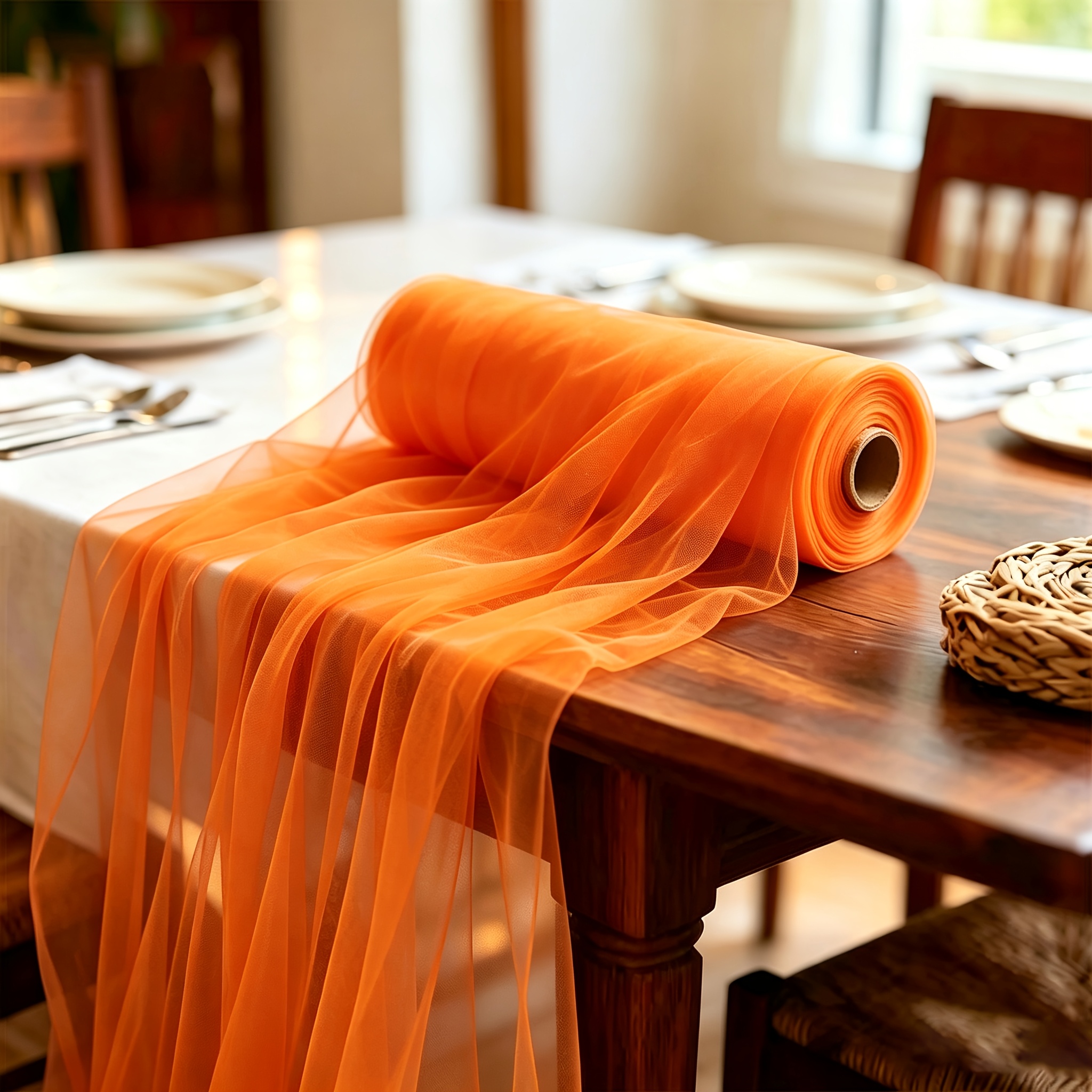 TEMU 1 Roll Of Exquisite Orange Tulle Fabric - Highly Elastic Decorative Sheer Curtains, Suitable For Weddings, Bridal Showers, Birthday And