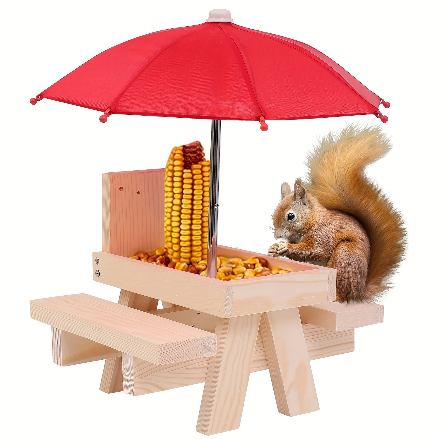 

Mangeoire pour écureuils en bois rustique avec parasol rouge, design créatif de table de pique-nique extérieure, décoration de bureau en bois massif, station d'alimentation durable pour la faune