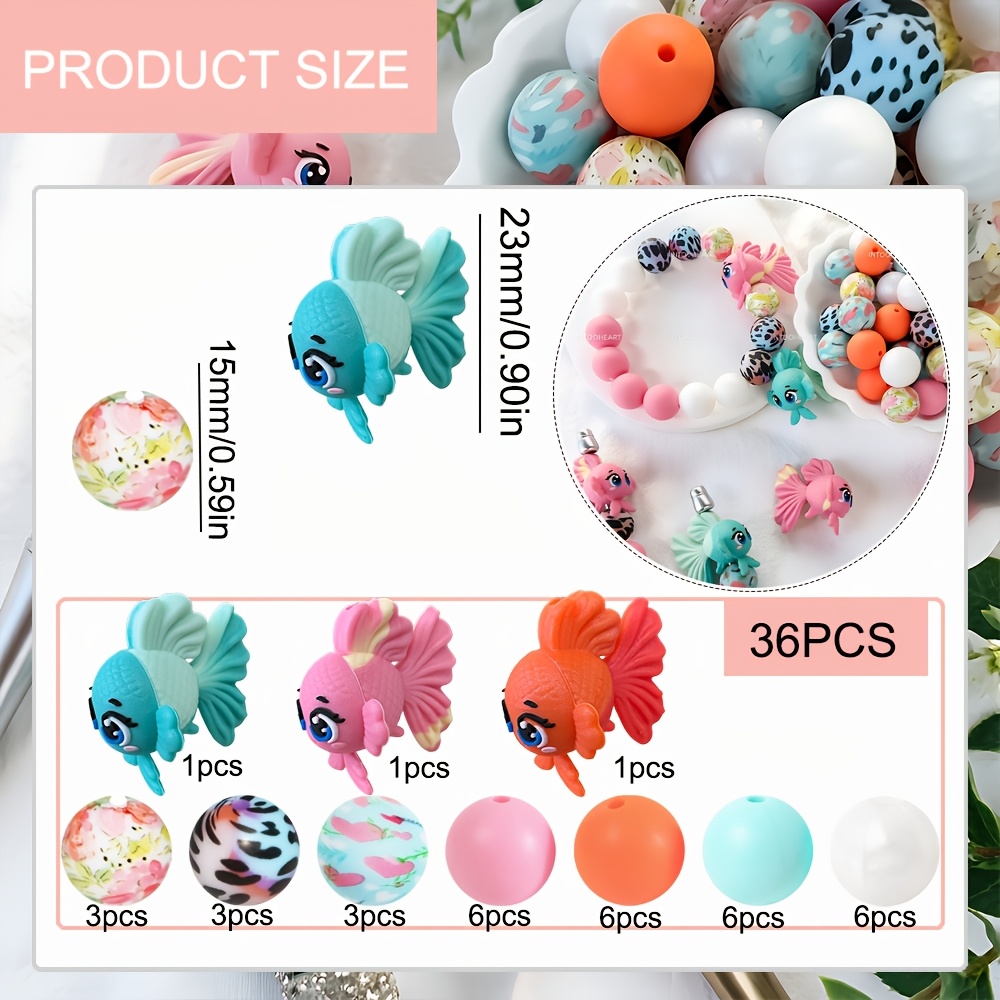 TEMU Lot de 36 perles mignonnes 3D en représentant des poissons rouges , perles rondes libres à imprimé floral pour pendentifs, bracelets DIY et