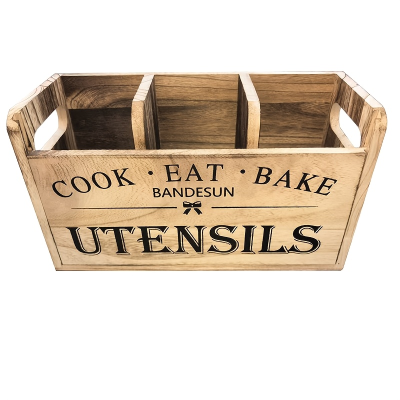 1 Large Rustic Wooden Kitchen Utensil Organizer | 3-compartment Storage Box, Wall And Countertop Mount, Ideal For Cooking, Dining, And Baking Tools
