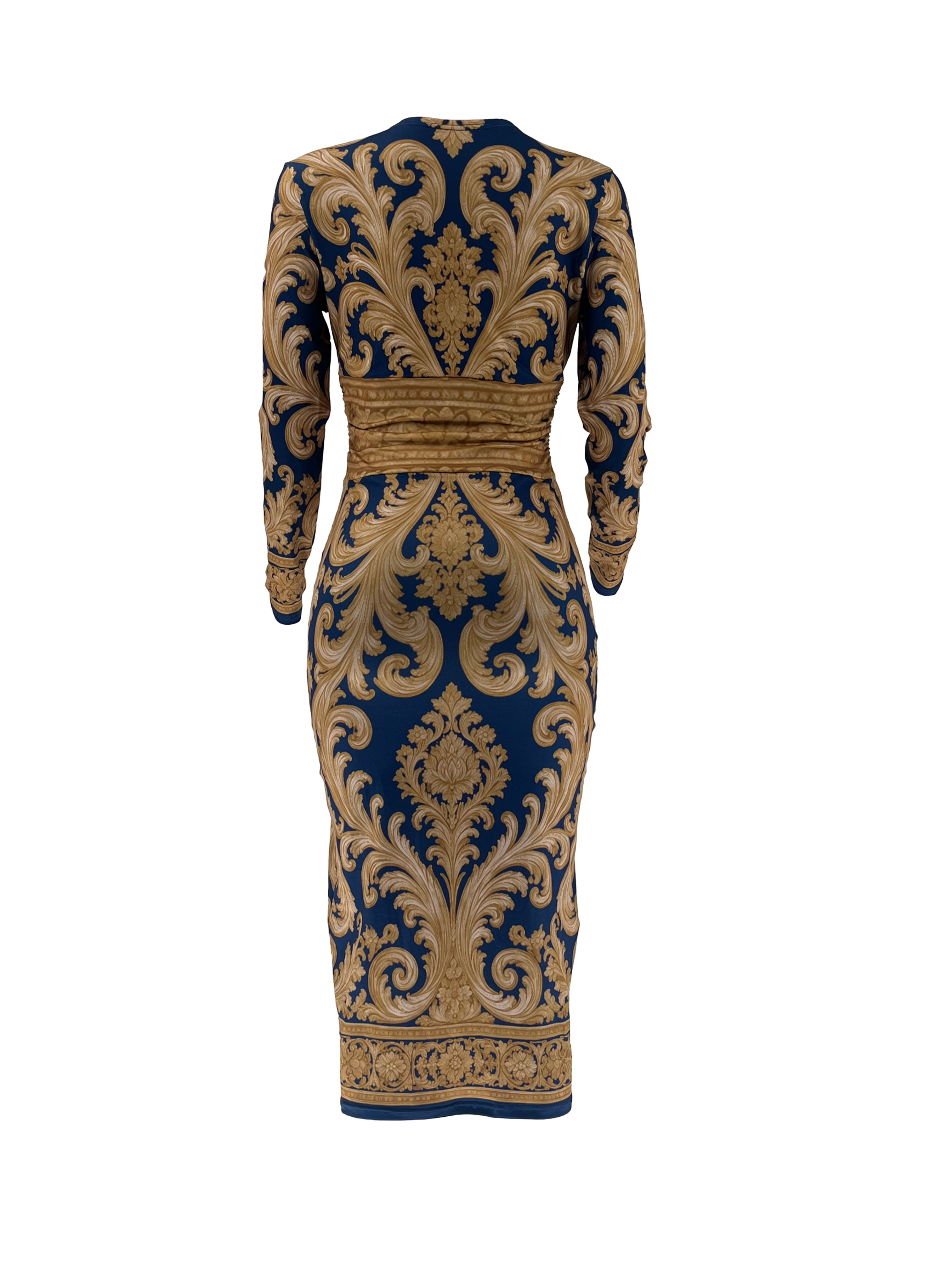 baroque print bodycon dress blue golden baroque print v neck midi dress long sleeve high