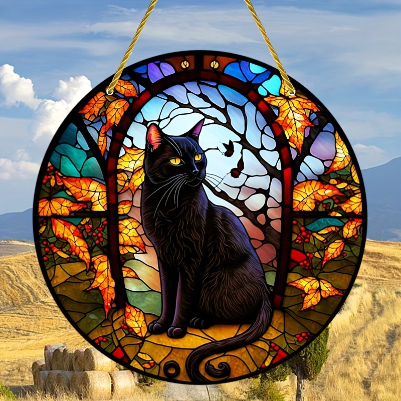 Noir Chat Décor Sur Blanc Lune Vitrail Suspendu Suncatcher Pour