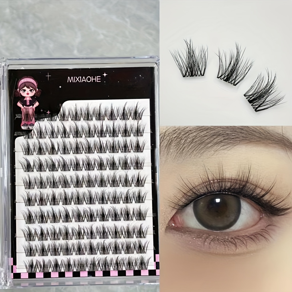 Mixiaohe False Eyelashes Kit - 100 Clusters, 14mm, Natural & Thick With Transparent Stems, Easy Diy For Beginners, Reusable