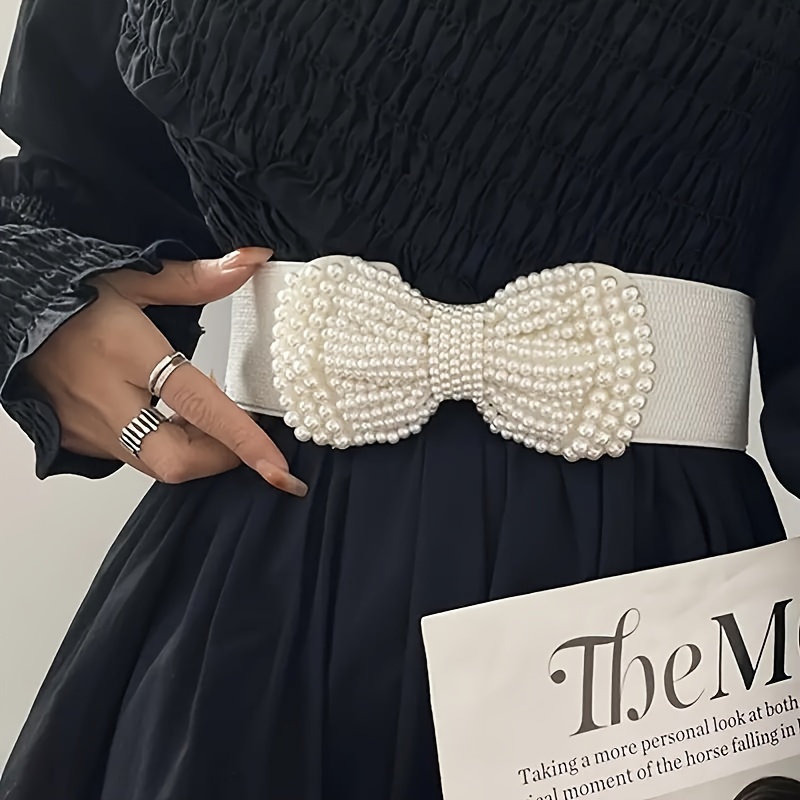 

An Elegant Solid Colored Elastic Waistband With A Wide Imitation Pearl Bow, Dress Belt For Women To Wear At Daily Parties