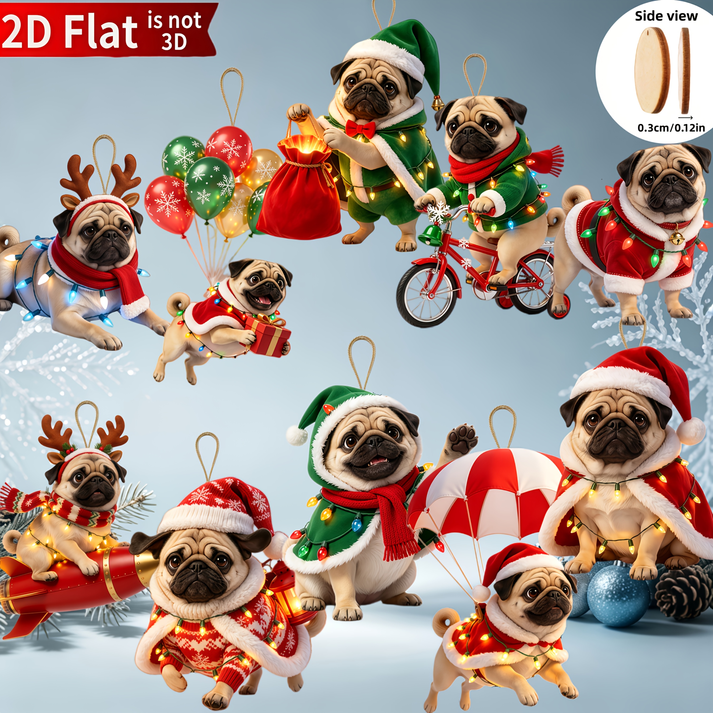 TEMU 2d Flat, 10pcs Cute Christmas Pug Ornaments, Wooden Hanging Decorations, Suitable For Indoor/outdoor Trees, Windows, Parties - No Power Needed,