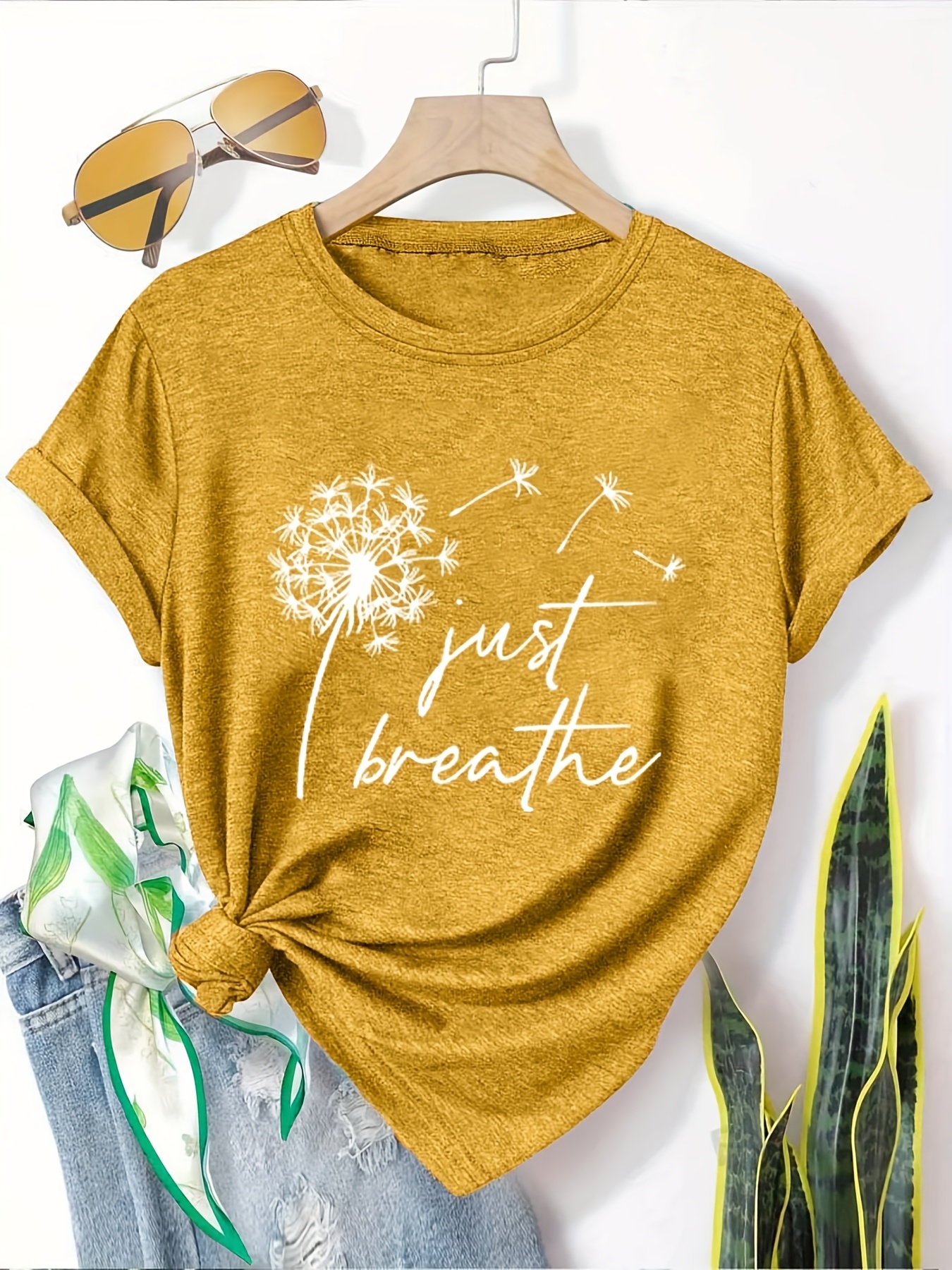 5pcs womens casual short sleeve t shirts summer round neck geometric print tees with dandelion floral     options breathable machine washable fabric cute t shirts everyday outfit     printed   adults Product details 14