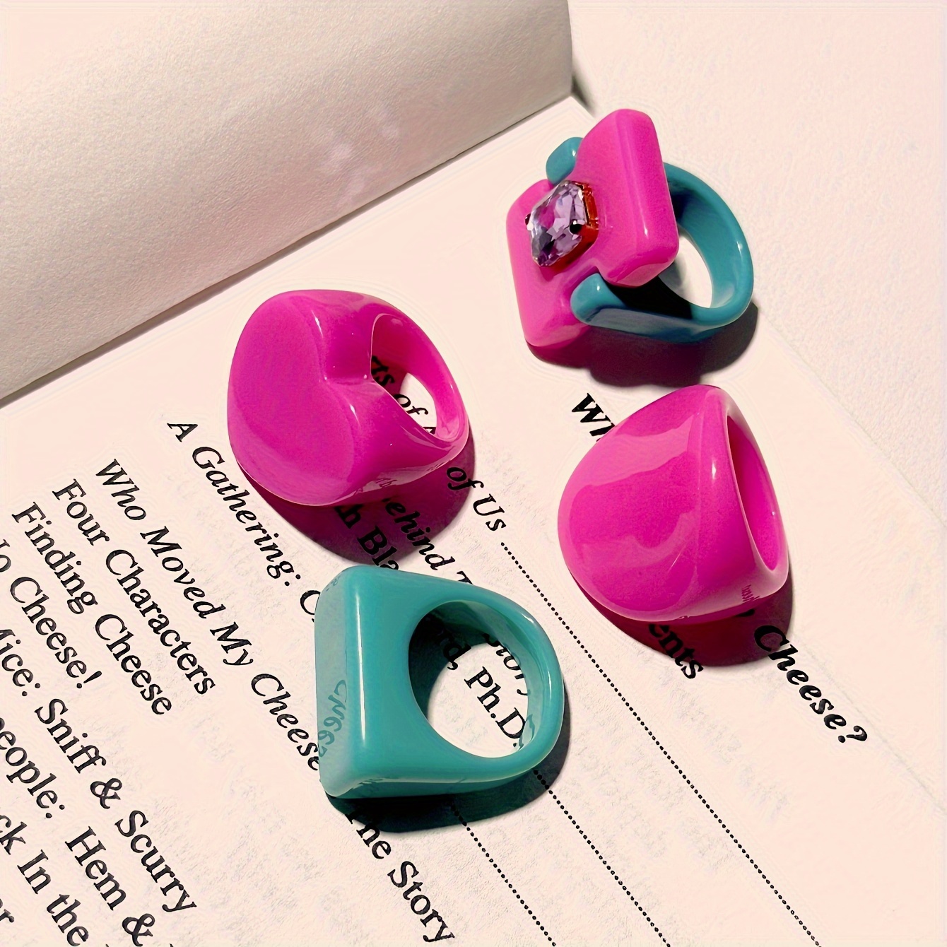 4pc Cute Pink Resin Ring Set for Women, Daily Matching