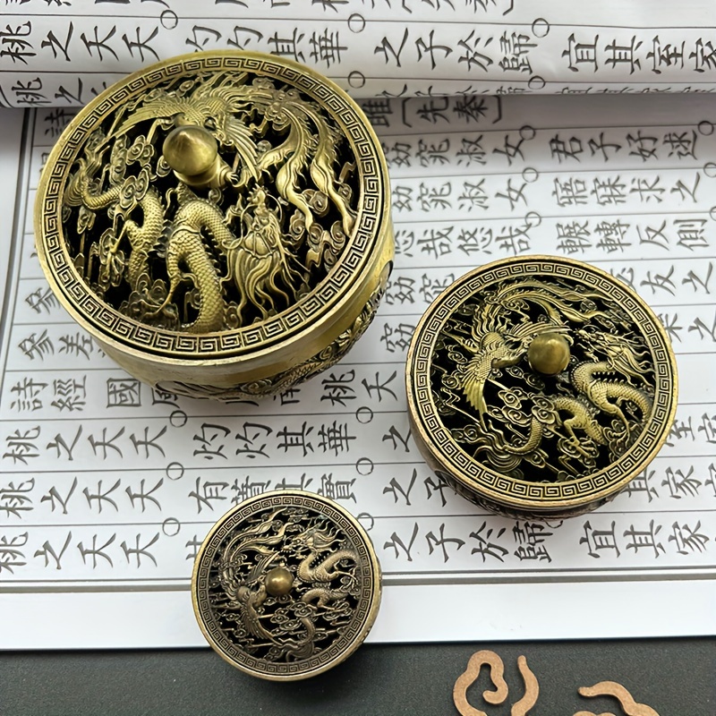 

3-piece Set Metal Incense Holders - Golden Lotus Dragon And Phoenix Carved Burners, Unscented Home Decor Accents For Christmas, Halloween, Easter, Father's Day, Mother's Day