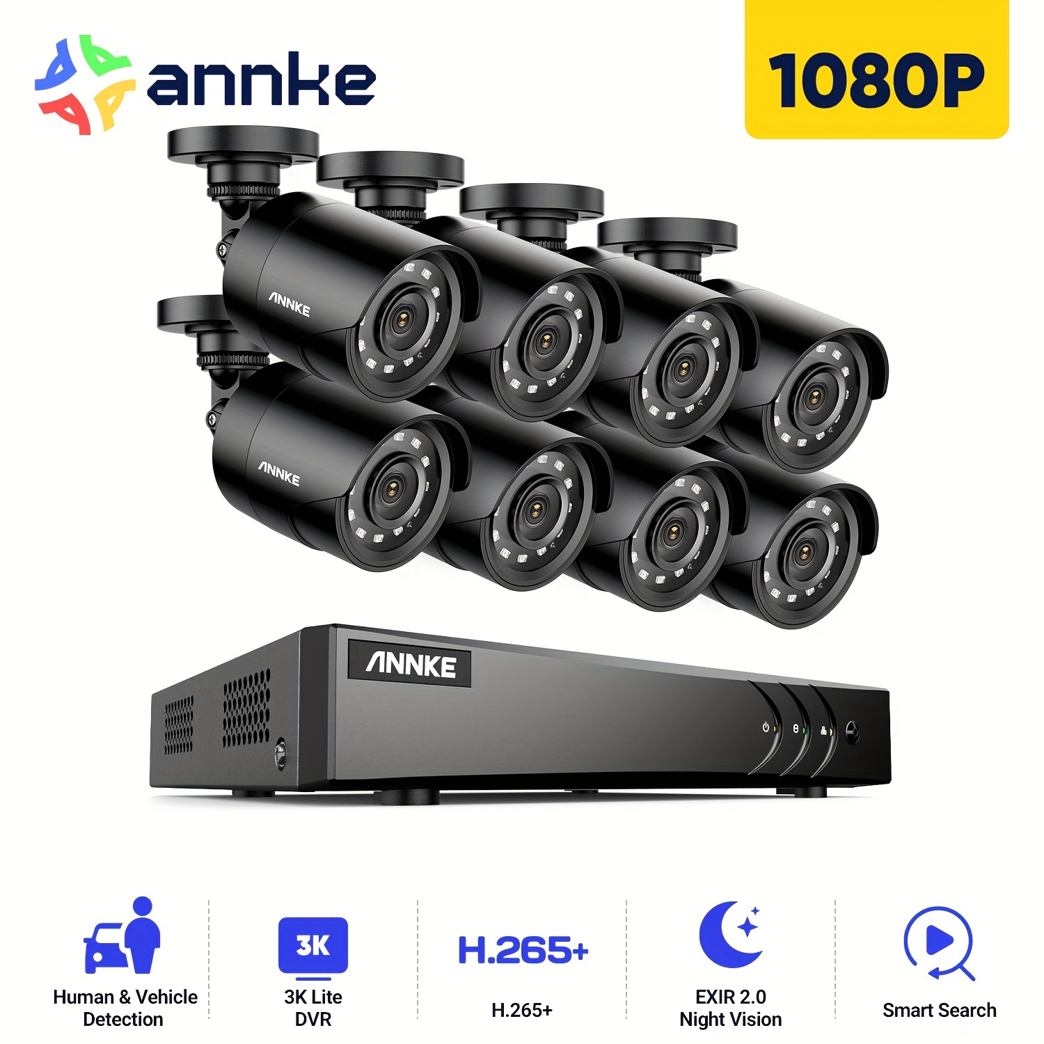 

Annke 1080p 8ch , Ai / Detection, , H.265+ 5mp 8 Dvr, 8pcs 1080p 1920tvl Bullet Cameras No Hdd Signal