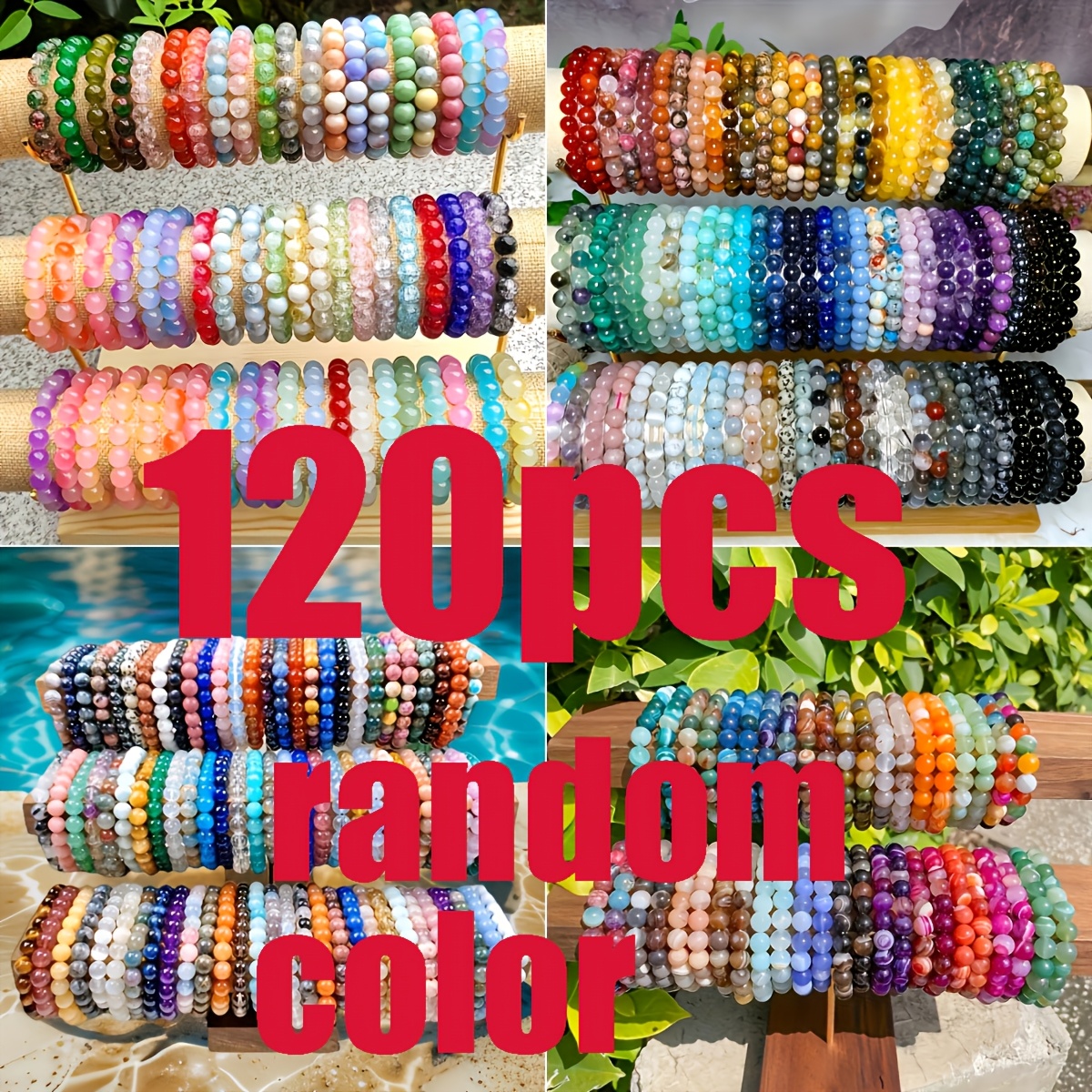 TEMU Multicolour Glass Beaded Wristband Set 120pcs Color Random, Unisex Elastic Handmade Jewelry Bracelets, Casual Daily Decorative Ornament, Party