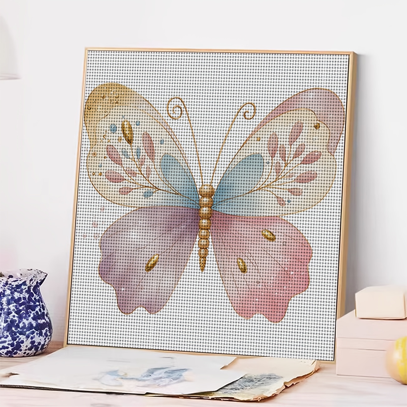 DIY Cross-Stitch Printed Kit, Unframed, Pink-to-Blue Gradient Butterflies