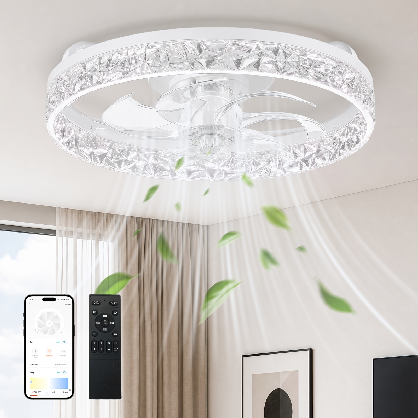TEMU Led Ceiling Fan - 20" Ceiling Fan With Lights, App & Remote Control, 3 Colors Dimmable, 6 , Crystal Frame, Timing Function, Reversible , Indoor