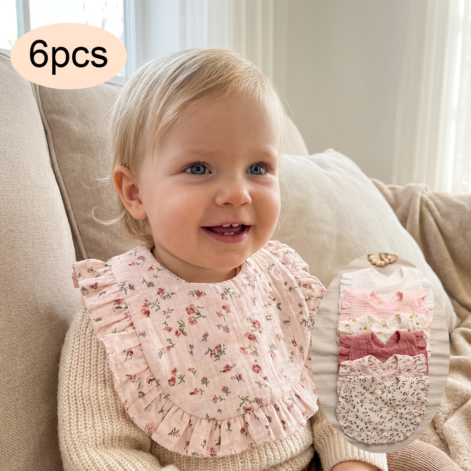Baby Bibs, Set of 6 with Ruffled Lace, Vibrant Floral and Solid Color Designs, Ideal for Feeding Newborns and Infants