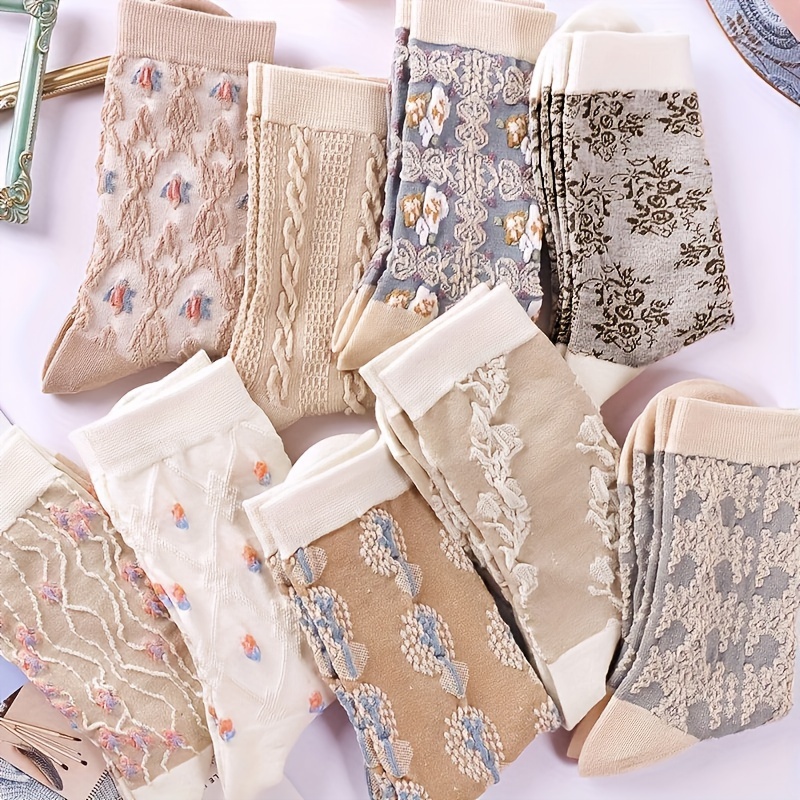 

9 Pairs Floral Print Socks, Comfy & Breathable Mid Tube Socks, Women's Stockings & Hosiery