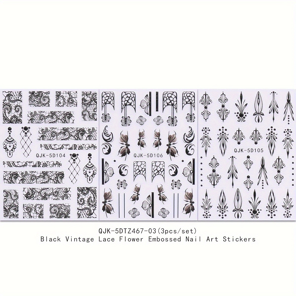 Image of Set Of 3 Floral Series Embossed Nail Stickers Featuring Black Vintage Lace Designs, Self-adhesive Decorative Tools For Nail Art Additions