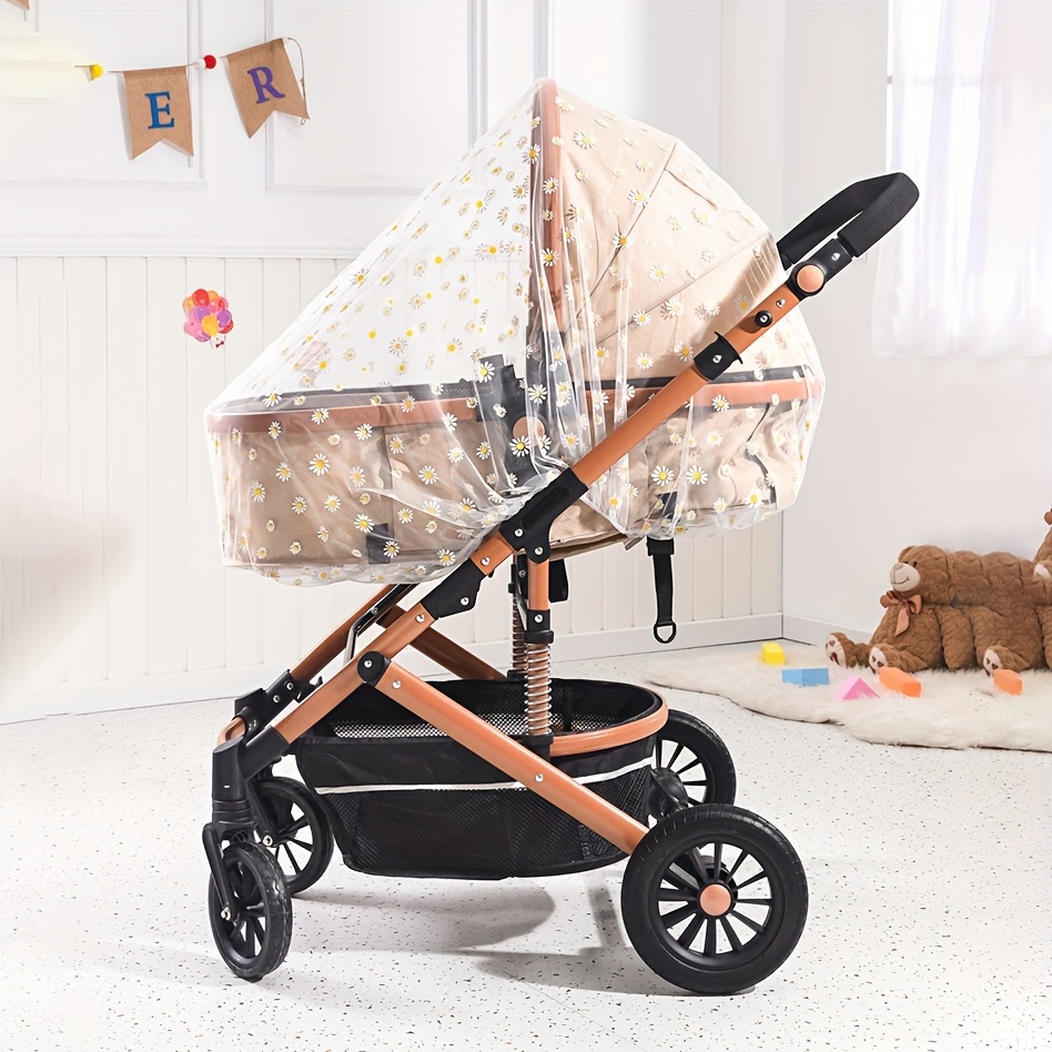 Floral Print Mosquito Net Canopy for Stroller - Large, Durable Polyester Bug-Proof Cover with Black and White Daisy Design, Hand Wash Only, Stroller Covering|Floral Pattern Canopy|Durable Stroller Cover, Stroller Covering