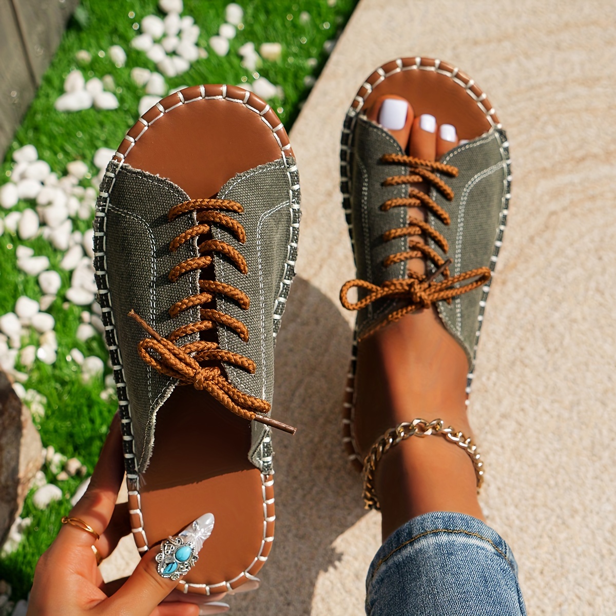 

Women's Denim Slide Sandals, Casual Open Toe Flat Summer Shoes, Lightweight Lace Up Slide Sandals