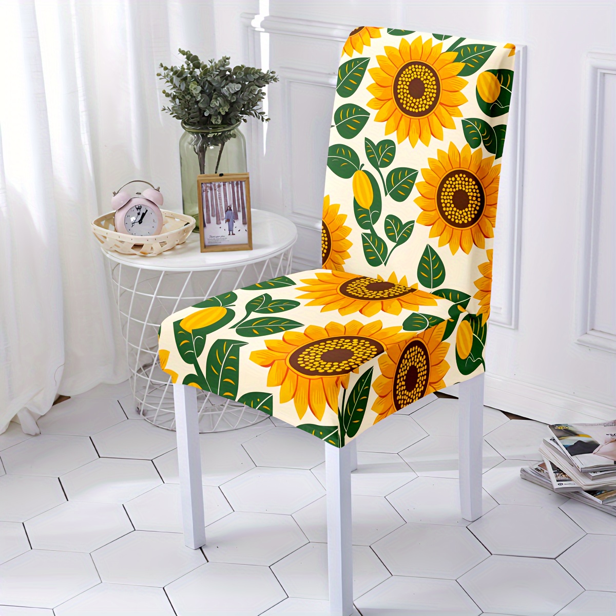 

Sunflower Chair Cover Set: 4/6 Pieces, Suitable For Dining Room And Living Room Decor, Fabric, Machine Washable, -120g Fabric Weight, , One-piece Design, With Ribbon Closure